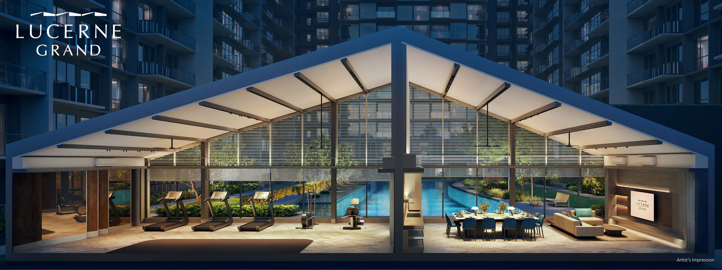 Artist's impression of the glazed indoor pavilion at Lucerne Grand lit at night