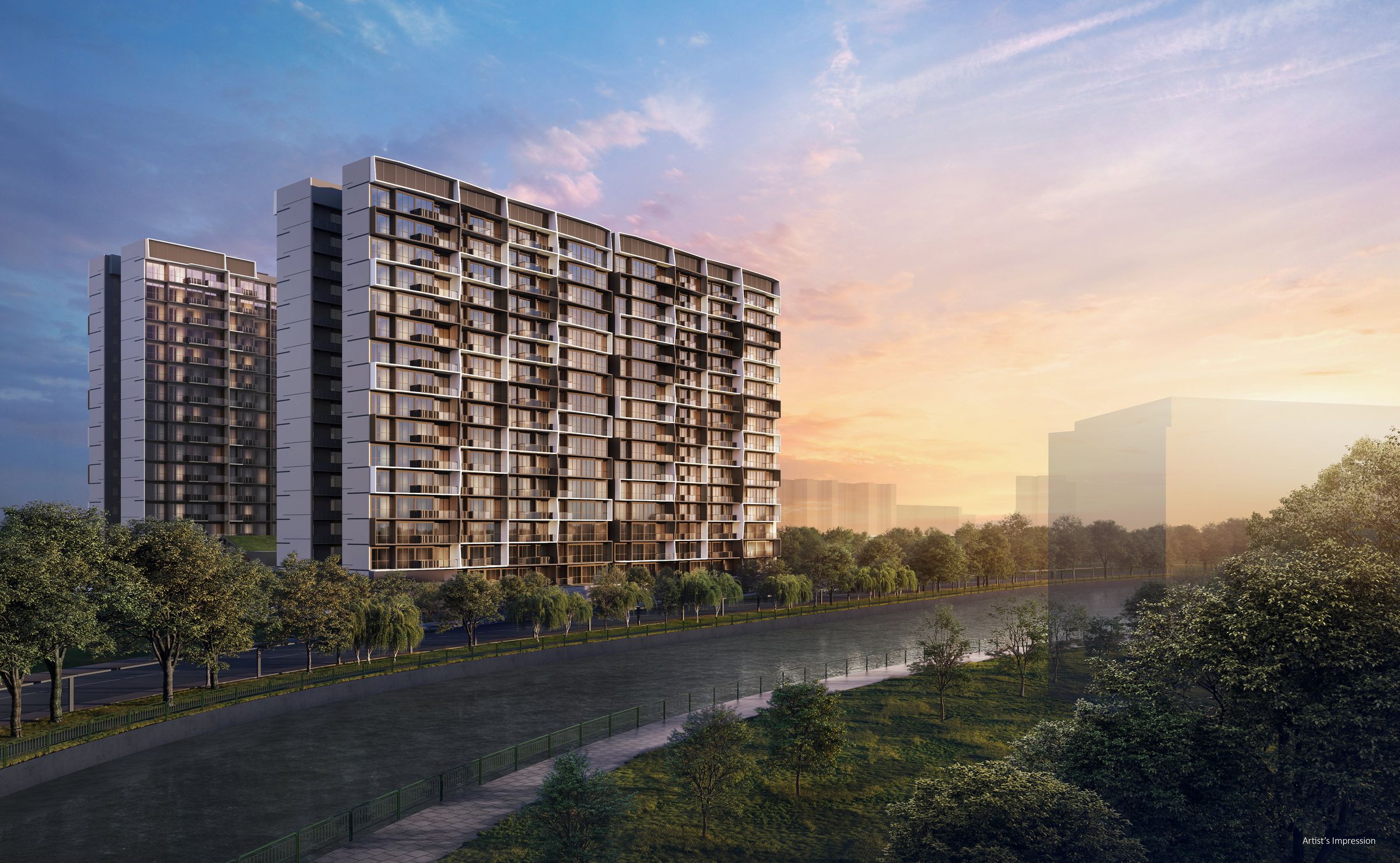 Artist's impression of Lucerne Grand at dusk, showing the residential blocks along the waterway at Lakeside Drive