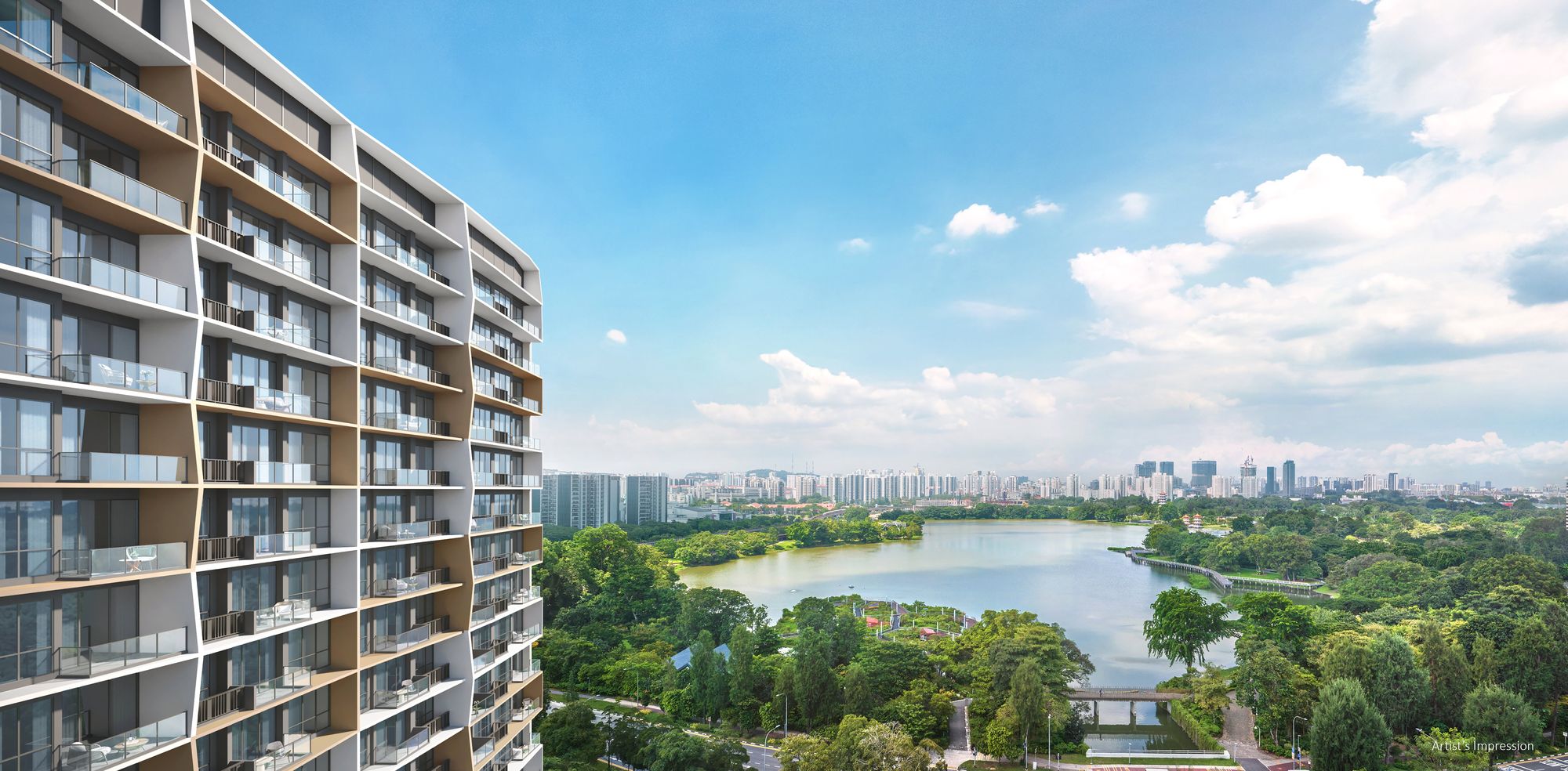 Artist's impression of the outlook from a Lucerne Grand balcony towards Jurong Lake and the surrounding greenery