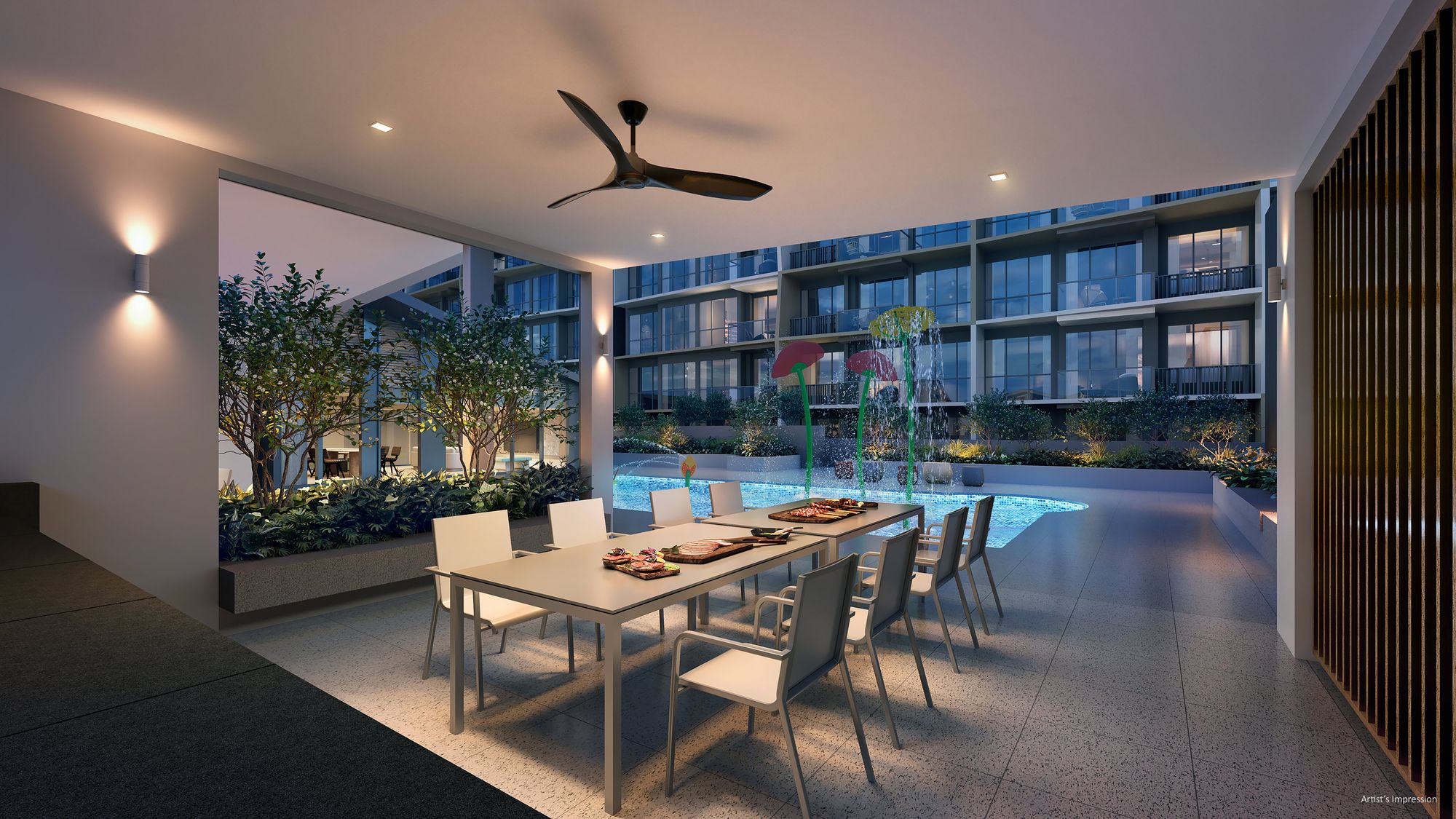 Artist's impression of a covered dining pavilion at Lucerne Grand overlooking the pool