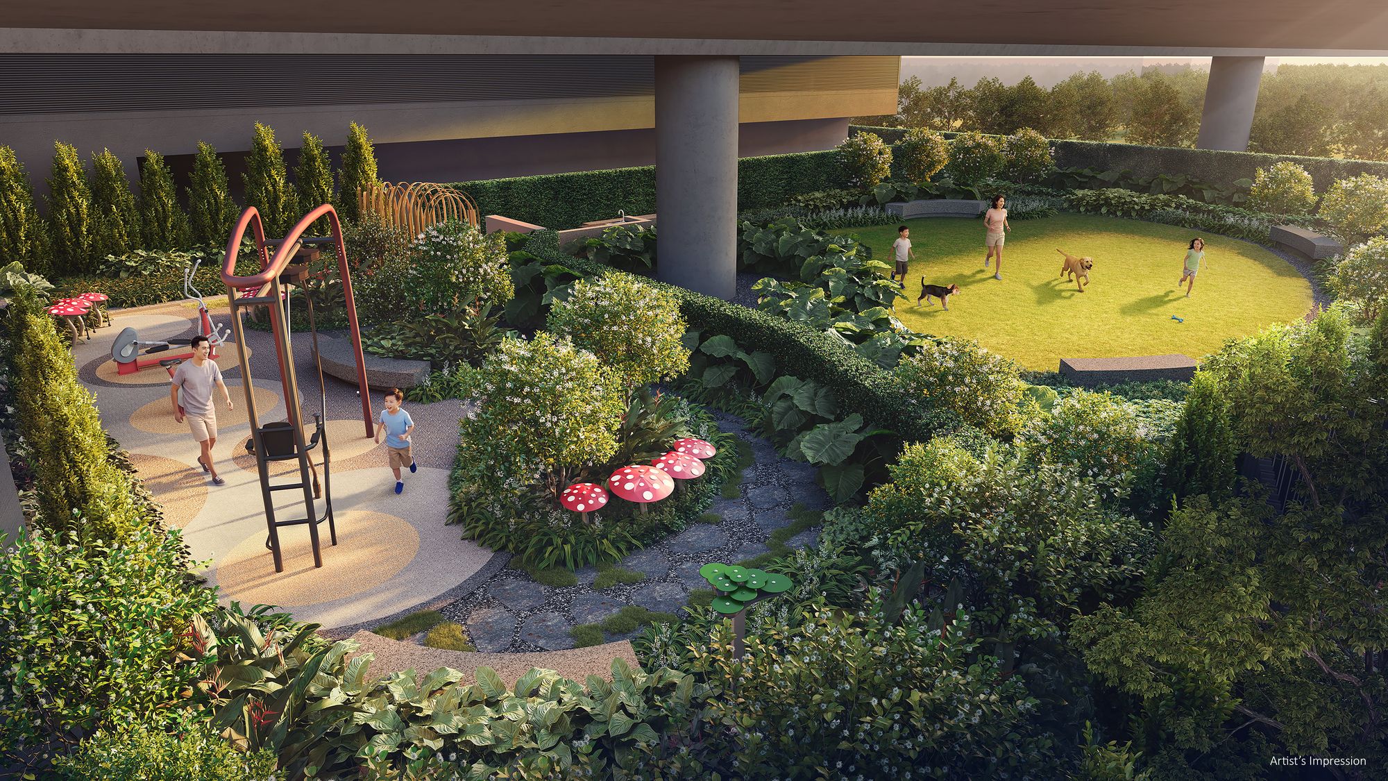 Artist's impression of the sheltered playground and lawn at Lucerne Grand beneath a landscaped deck