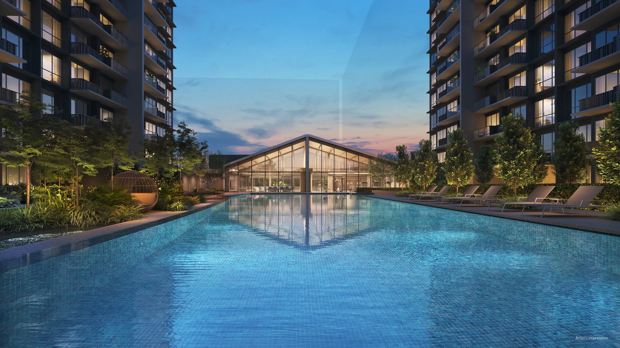 Artist's impression of the main pool deck at Lucerne Grand at dusk, with a glazed pavilion at the far end