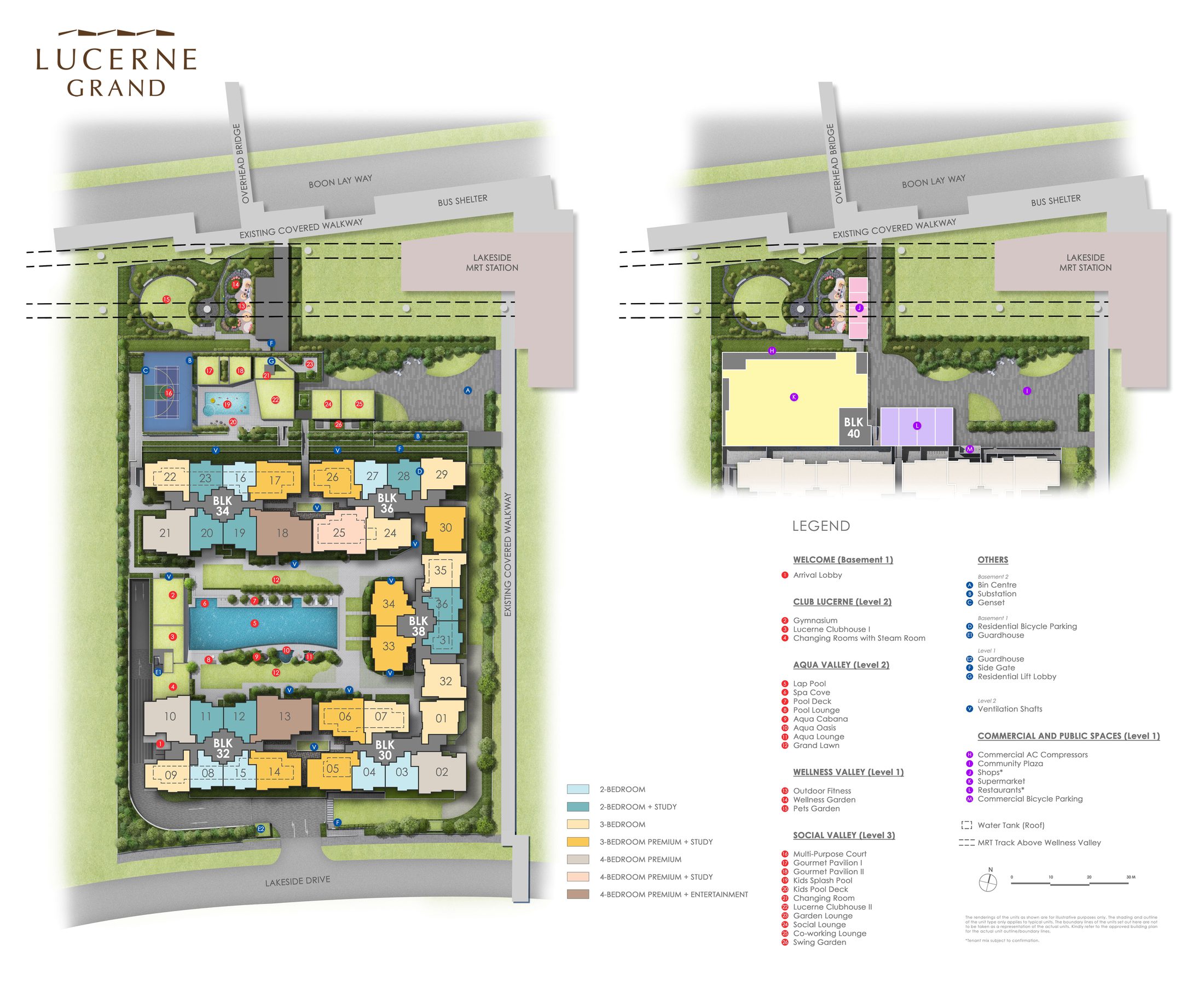 Site plan for Lucerne Grand showing the five blocks, landscape areas and facility locations