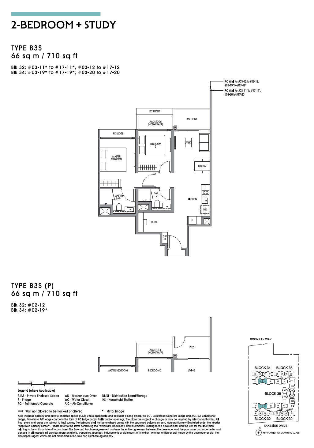 Floor plan, Type B3S, 2-bedroom plus study, 66 square metres or 710 square feet