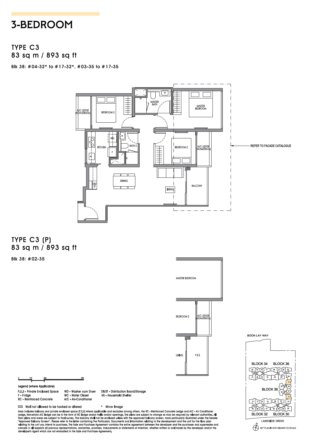 Floor plan, Type C3, 3-bedroom, 83 square metres or 893 square feet