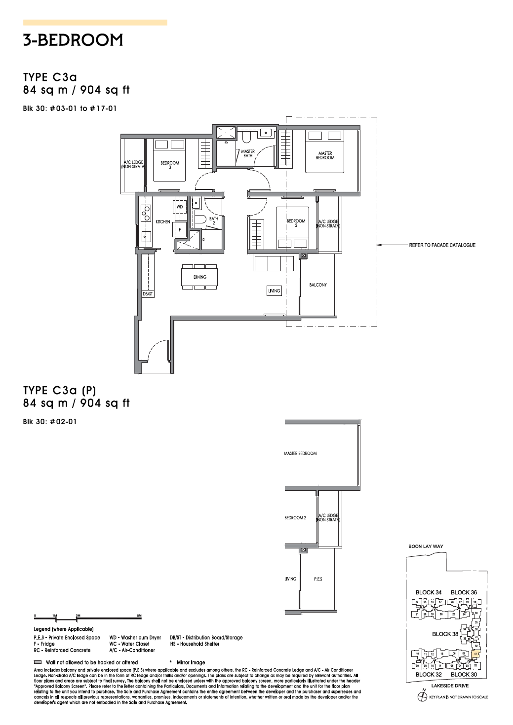 Floor plan, Type C3a, 3-bedroom, 84 square metres or 904 square feet